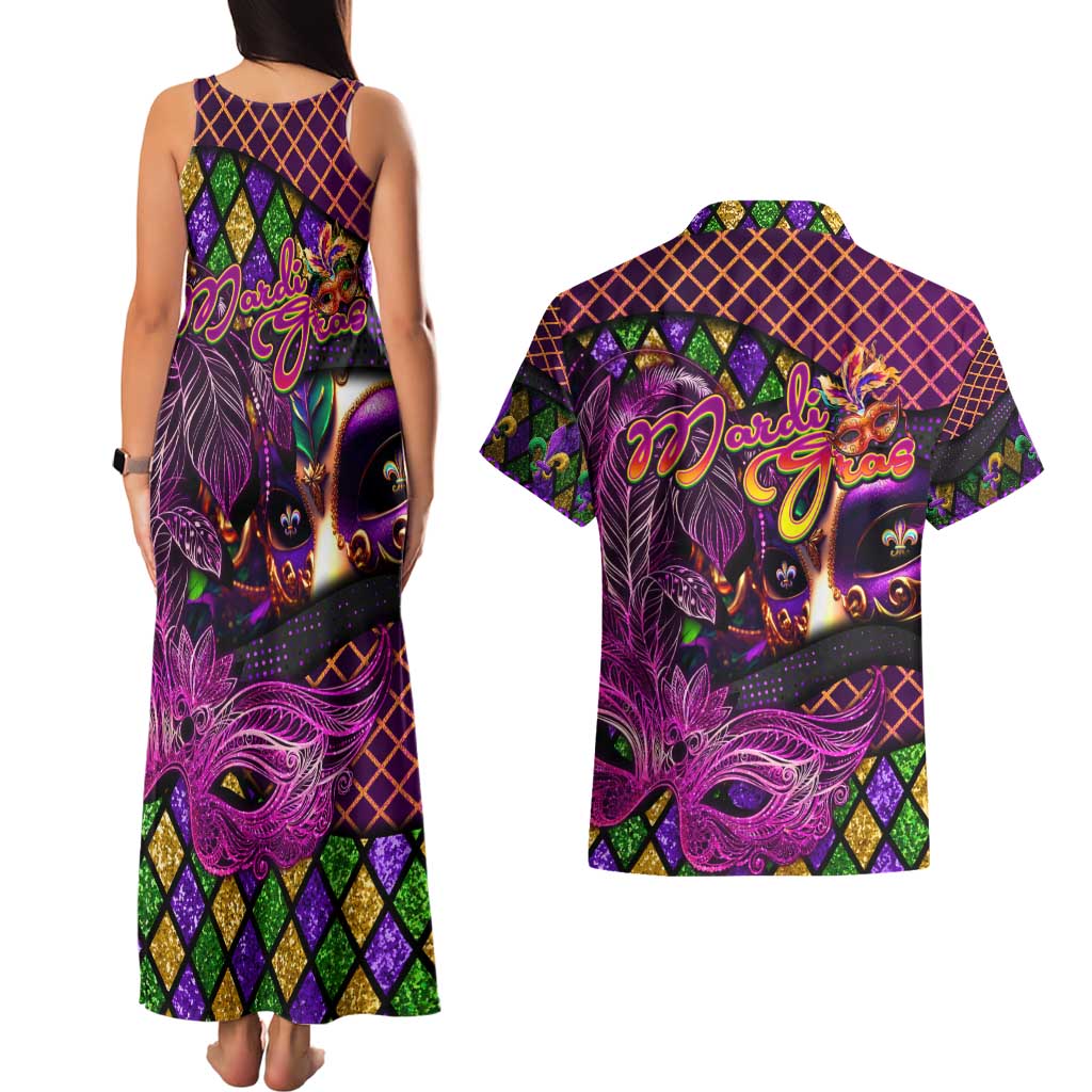 Happy Mardi Gras Couples Matching Tank Maxi Dress and Hawaiian Shirt Mask Feather Colorfull