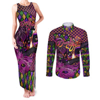 Happy Mardi Gras Couples Matching Tank Maxi Dress and Long Sleeve Button Shirt Mask Feather Colorfull