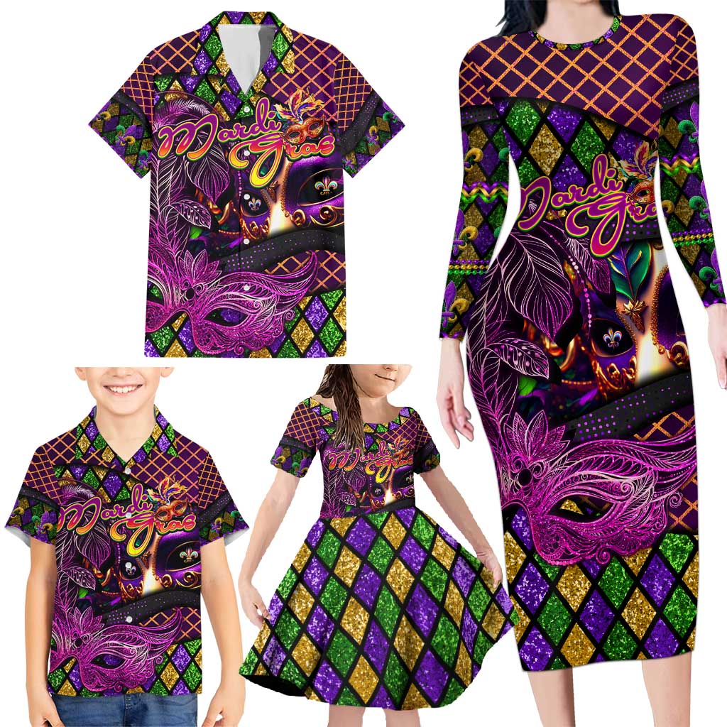 Happy Mardi Gras Family Matching Long Sleeve Bodycon Dress and Hawaiian Shirt Mask Feather Colorfull