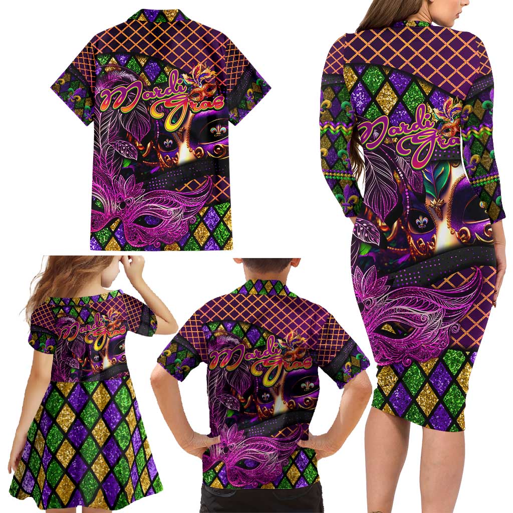 Happy Mardi Gras Family Matching Long Sleeve Bodycon Dress and Hawaiian Shirt Mask Feather Colorfull