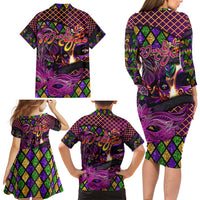 Happy Mardi Gras Family Matching Long Sleeve Bodycon Dress and Hawaiian Shirt Mask Feather Colorfull