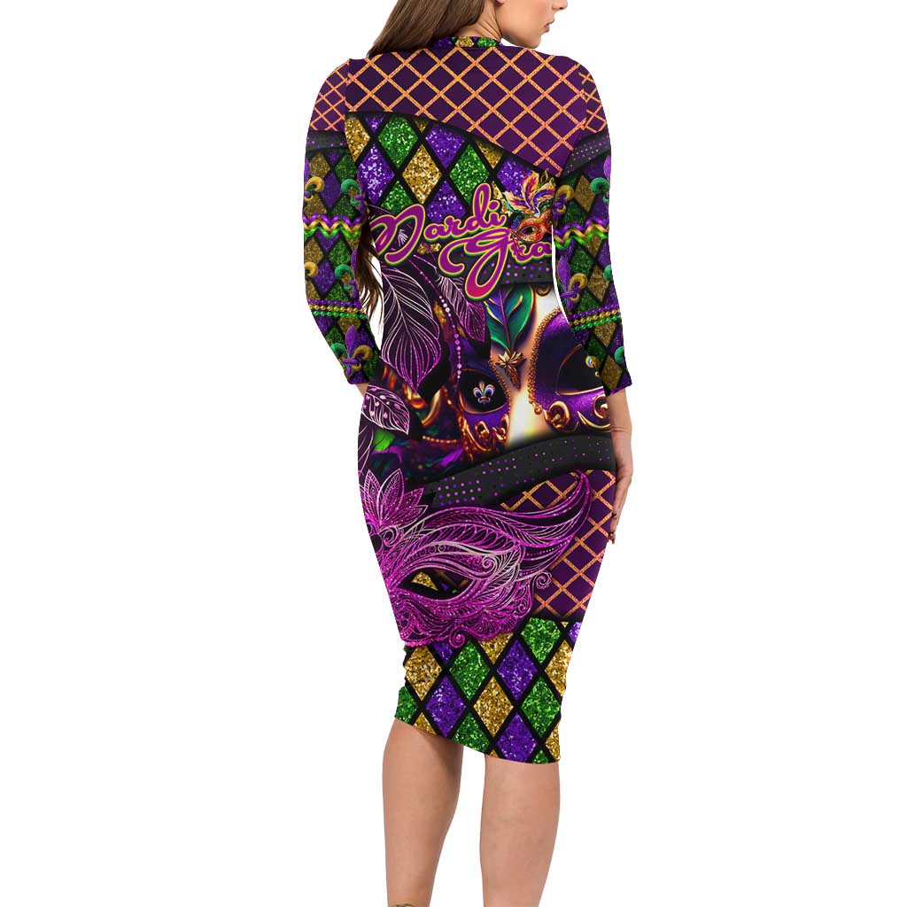 Happy Mardi Gras Family Matching Long Sleeve Bodycon Dress and Hawaiian Shirt Mask Feather Colorfull