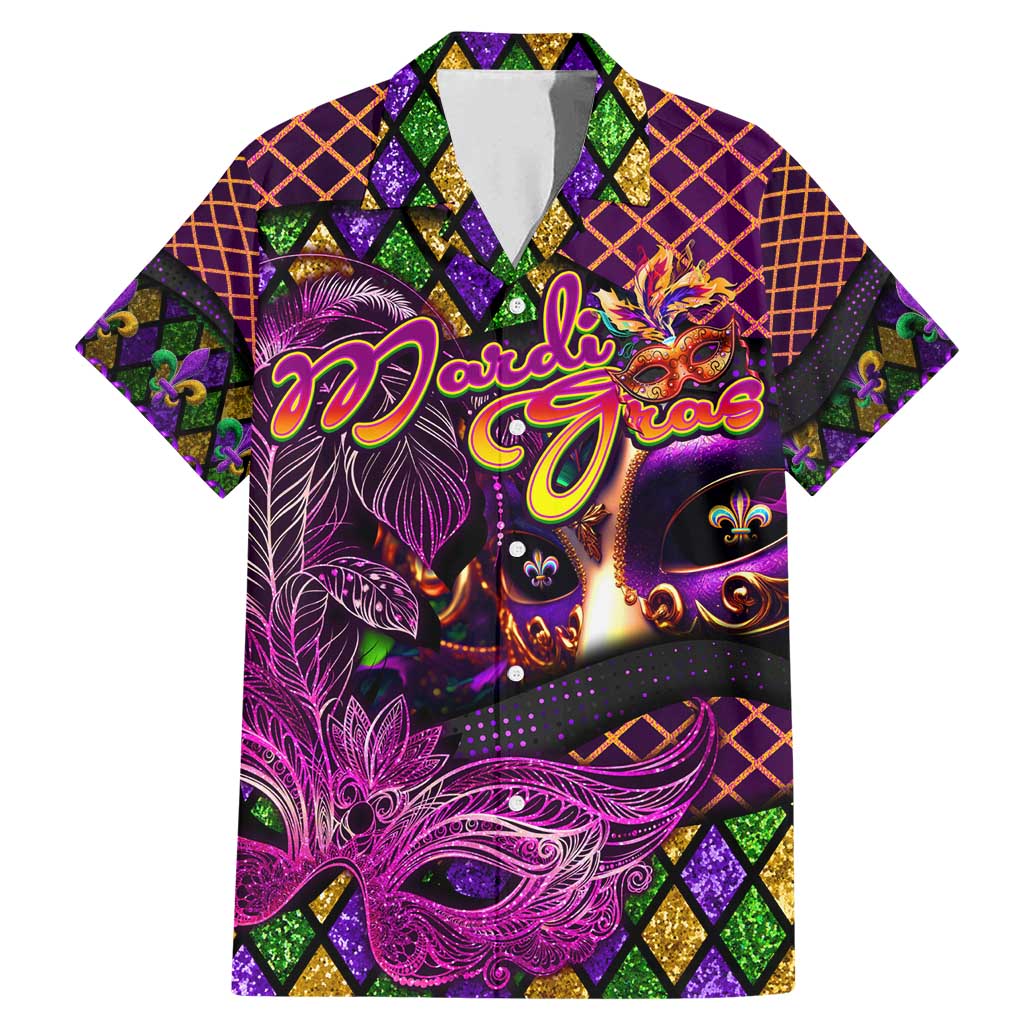 Happy Mardi Gras Family Matching Mermaid Dress and Hawaiian Shirt Mask Feather Colorfull