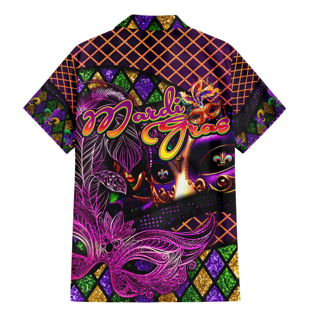 Happy Mardi Gras Family Matching Mermaid Dress and Hawaiian Shirt Mask Feather Colorfull