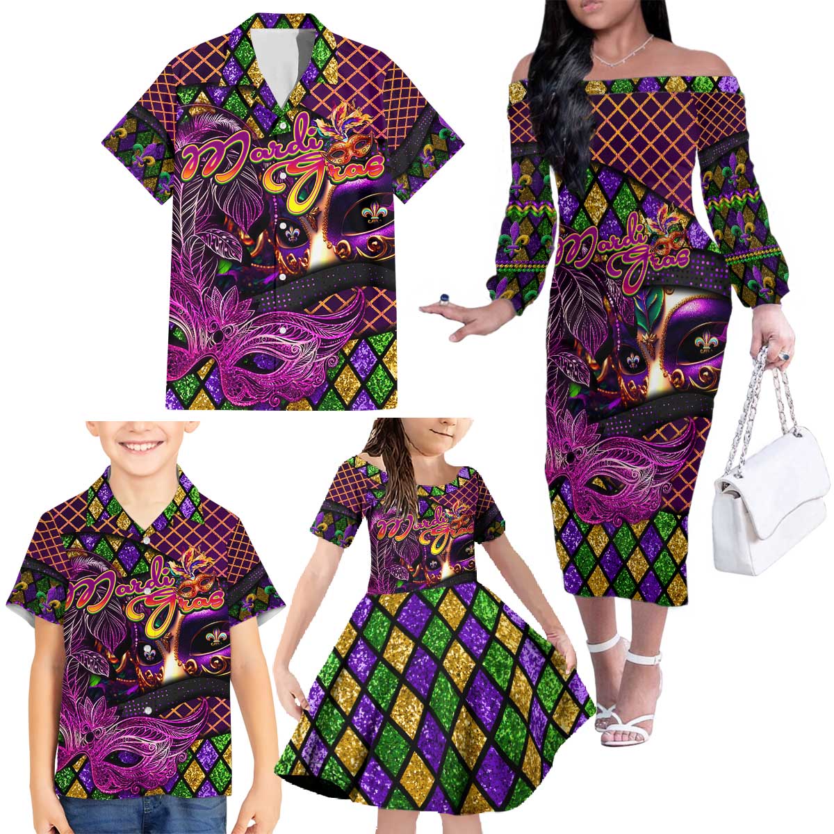 Happy Mardi Gras Family Matching Off The Shoulder Long Sleeve Dress and Hawaiian Shirt Mask Feather Colorfull