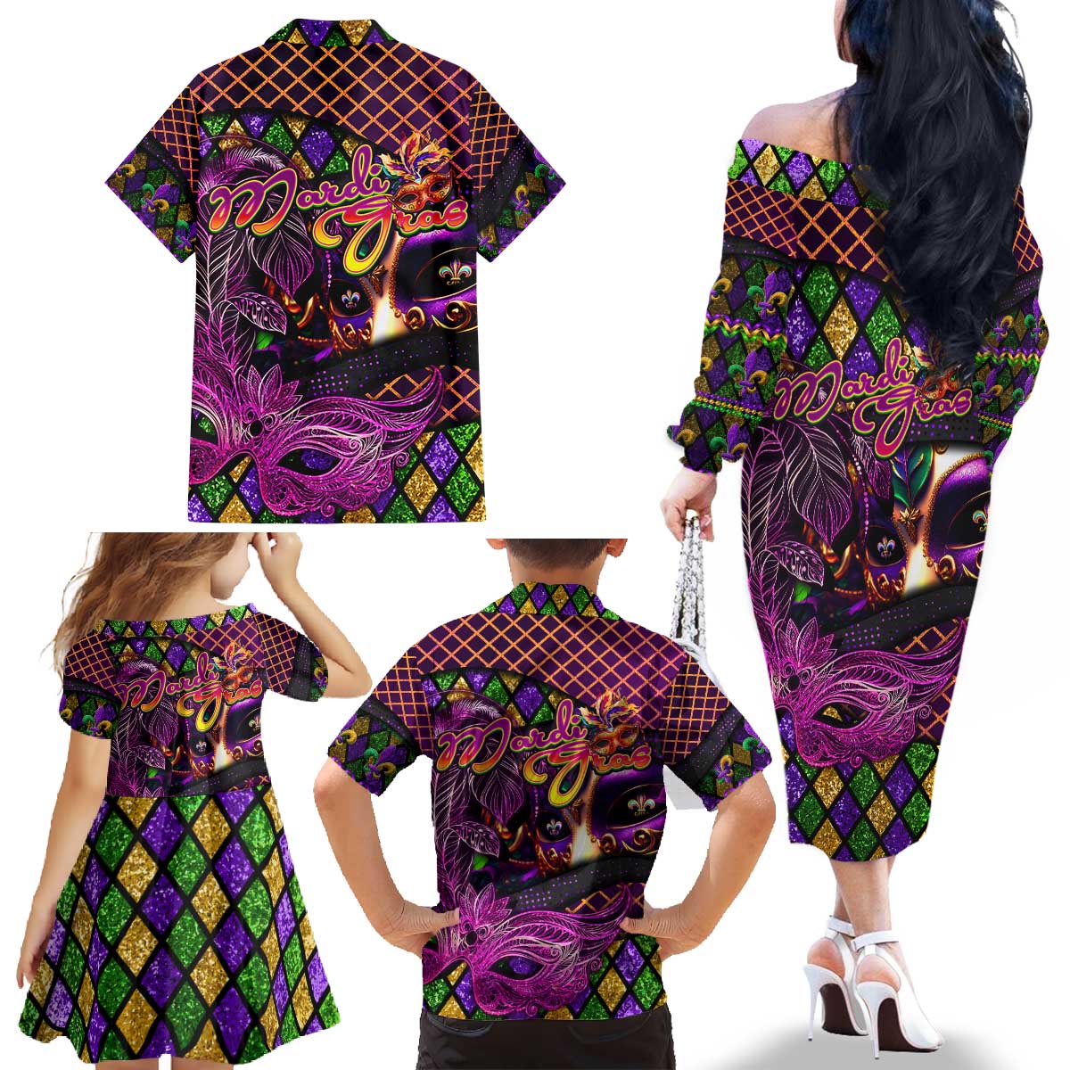 Happy Mardi Gras Family Matching Off The Shoulder Long Sleeve Dress and Hawaiian Shirt Mask Feather Colorfull