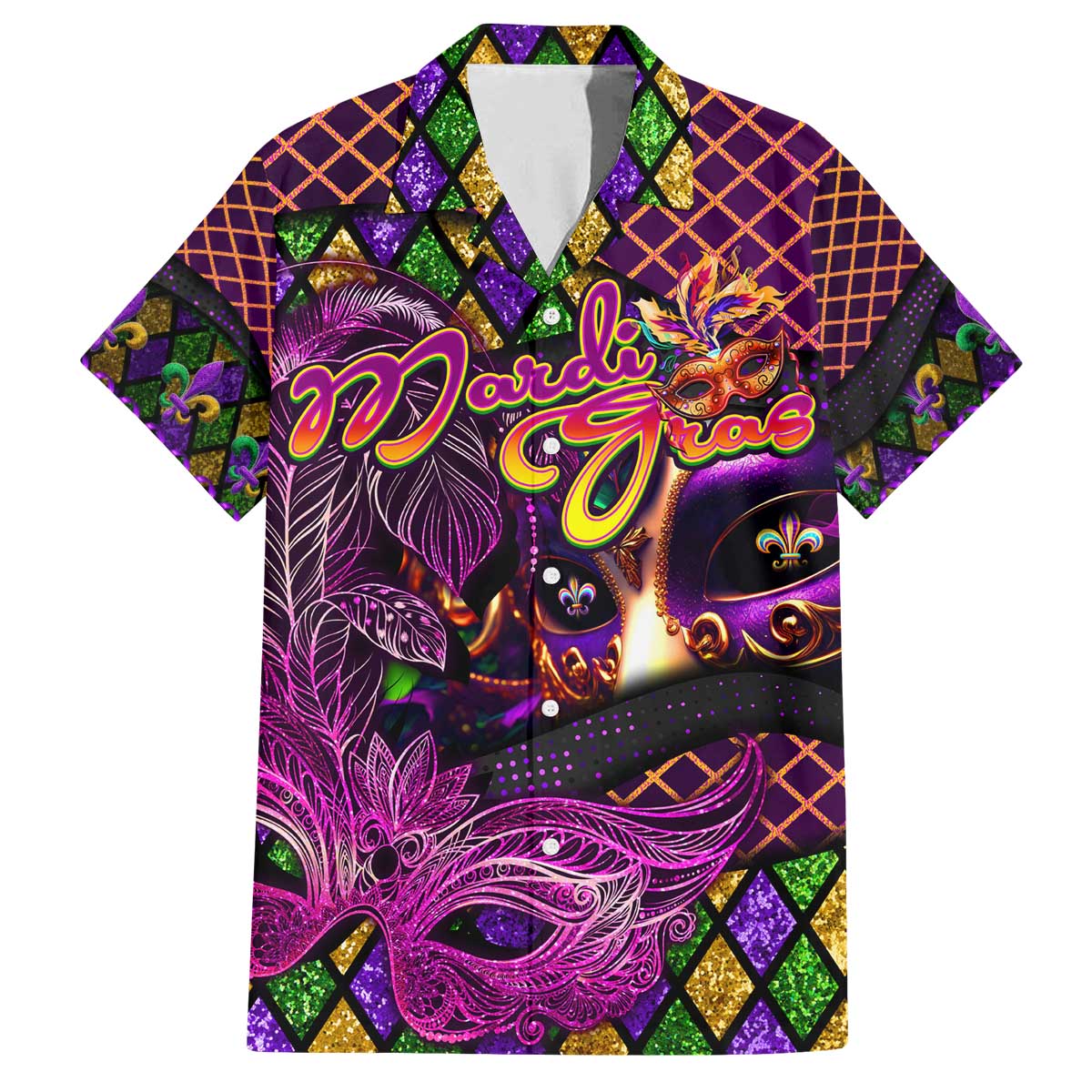 Happy Mardi Gras Family Matching Off The Shoulder Long Sleeve Dress and Hawaiian Shirt Mask Feather Colorfull