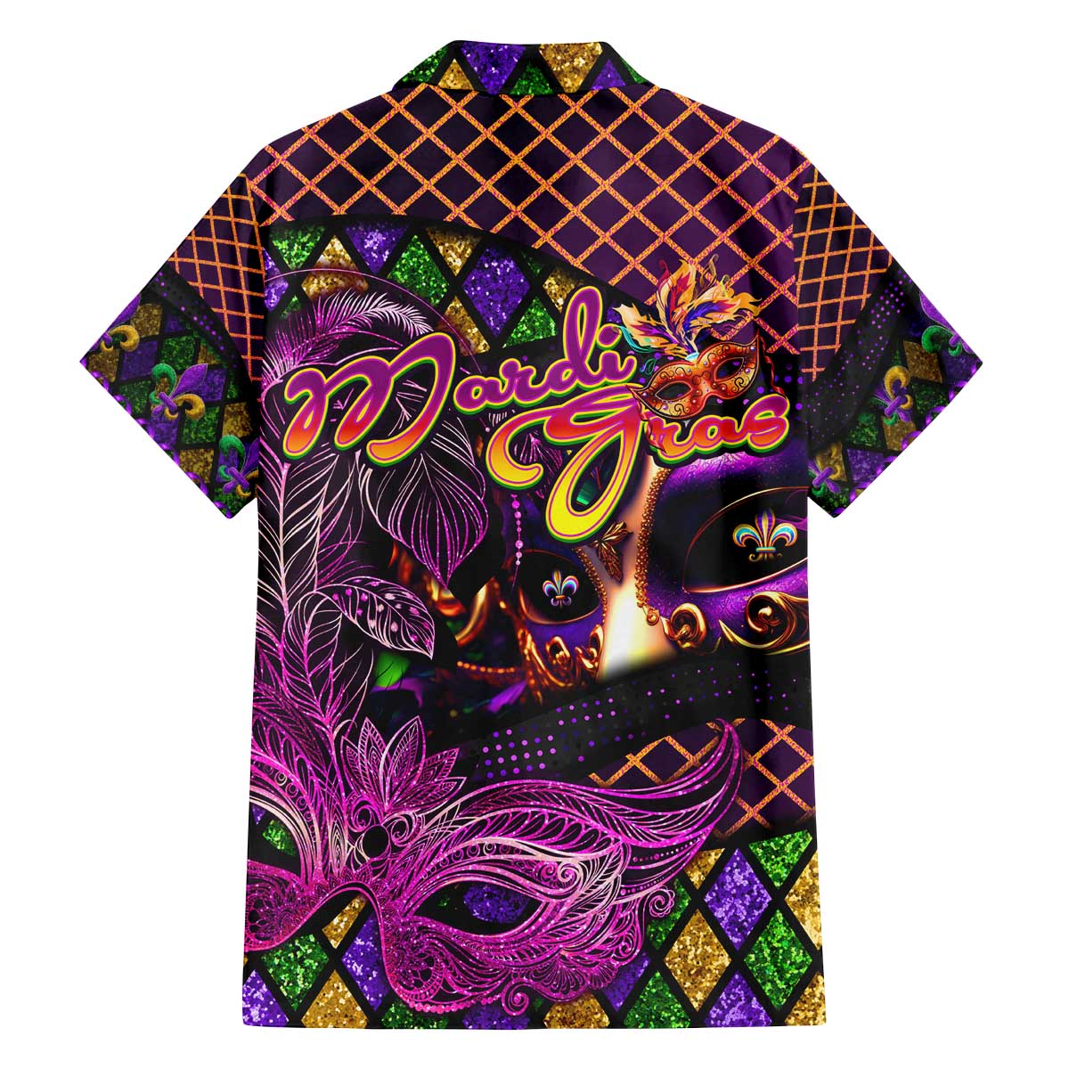 Happy Mardi Gras Family Matching Off The Shoulder Long Sleeve Dress and Hawaiian Shirt Mask Feather Colorfull