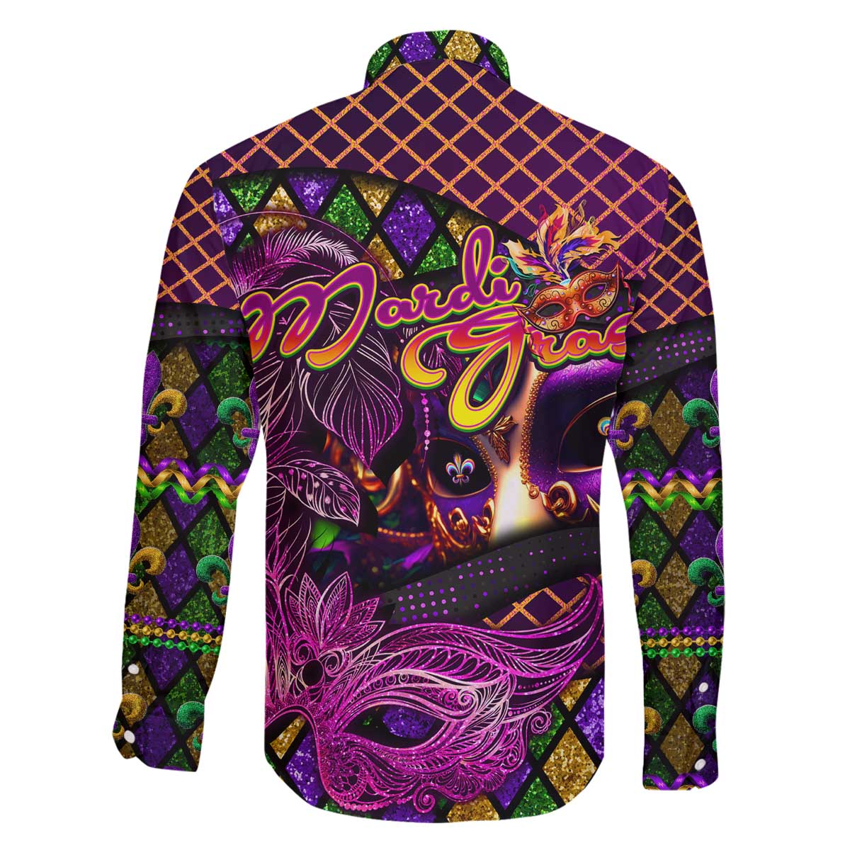 Happy Mardi Gras Family Matching Off The Shoulder Long Sleeve Dress and Hawaiian Shirt Mask Feather Colorfull