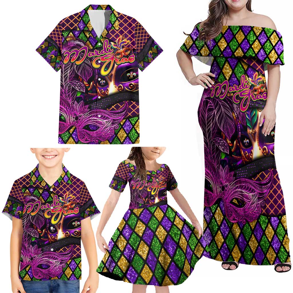Happy Mardi Gras Family Matching Off Shoulder Maxi Dress and Hawaiian Shirt Mask Feather Colorfull