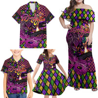 Happy Mardi Gras Family Matching Off Shoulder Maxi Dress and Hawaiian Shirt Mask Feather Colorfull