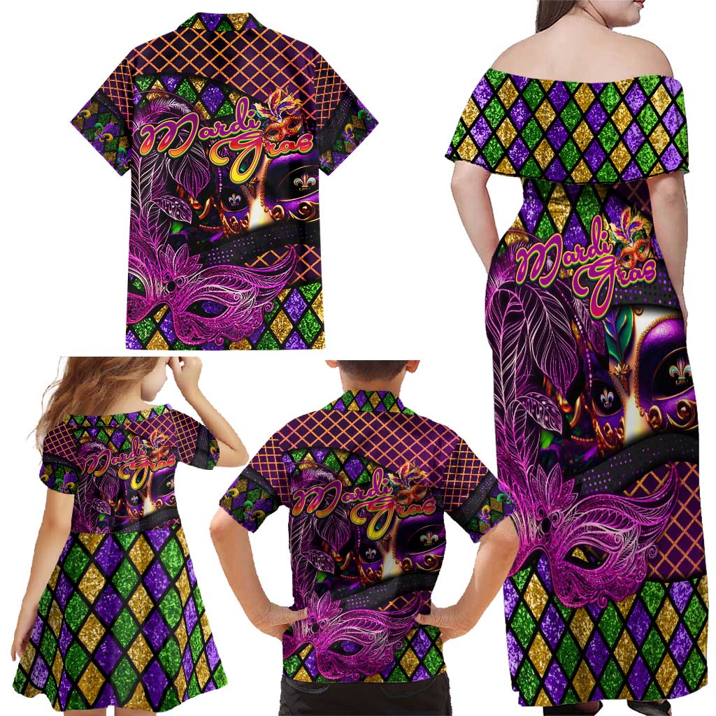 Happy Mardi Gras Family Matching Off Shoulder Maxi Dress and Hawaiian Shirt Mask Feather Colorfull