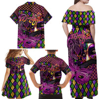 Happy Mardi Gras Family Matching Off Shoulder Maxi Dress and Hawaiian Shirt Mask Feather Colorfull