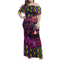 Happy Mardi Gras Family Matching Off Shoulder Maxi Dress and Hawaiian Shirt Mask Feather Colorfull