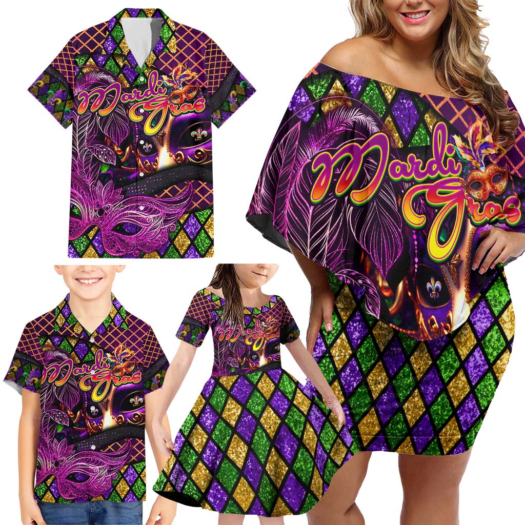 Happy Mardi Gras Family Matching Off Shoulder Short Dress and Hawaiian Shirt Mask Feather Colorfull - Wonder Print Shop