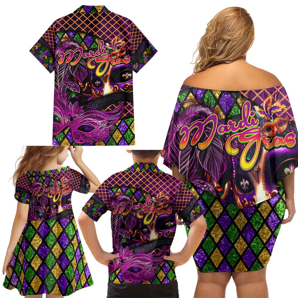 Happy Mardi Gras Family Matching Off Shoulder Short Dress and Hawaiian Shirt Mask Feather Colorfull - Wonder Print Shop