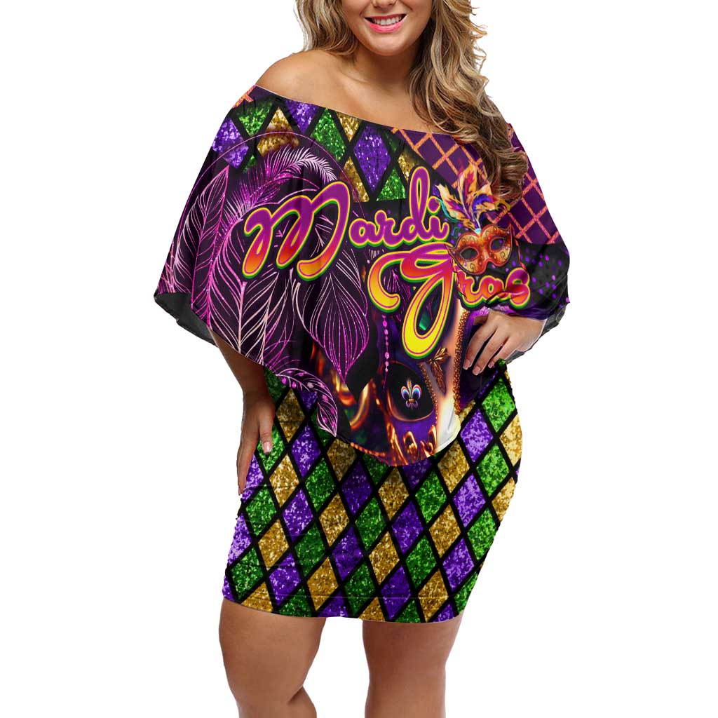 Happy Mardi Gras Family Matching Off Shoulder Short Dress and Hawaiian Shirt Mask Feather Colorfull - Wonder Print Shop