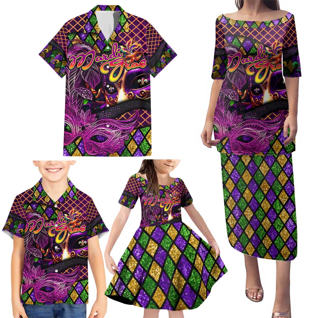 Happy Mardi Gras Family Matching Puletasi and Hawaiian Shirt Mask Feather Colorfull