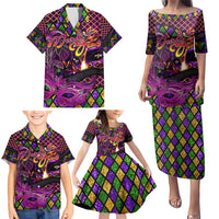 Happy Mardi Gras Family Matching Puletasi and Hawaiian Shirt Mask Feather Colorfull