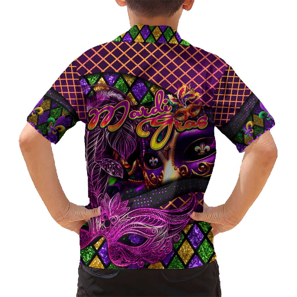 Happy Mardi Gras Family Matching Short Sleeve Bodycon Dress and Hawaiian Shirt Mask Feather Colorfull - Wonder Print Shop
