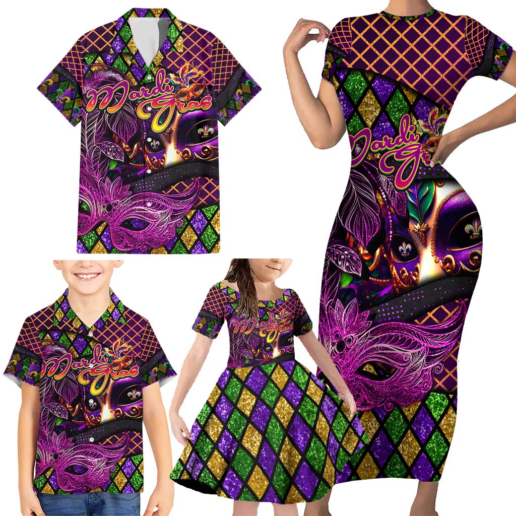 Happy Mardi Gras Family Matching Short Sleeve Bodycon Dress and Hawaiian Shirt Mask Feather Colorfull - Wonder Print Shop