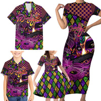 Happy Mardi Gras Family Matching Short Sleeve Bodycon Dress and Hawaiian Shirt Mask Feather Colorfull - Wonder Print Shop