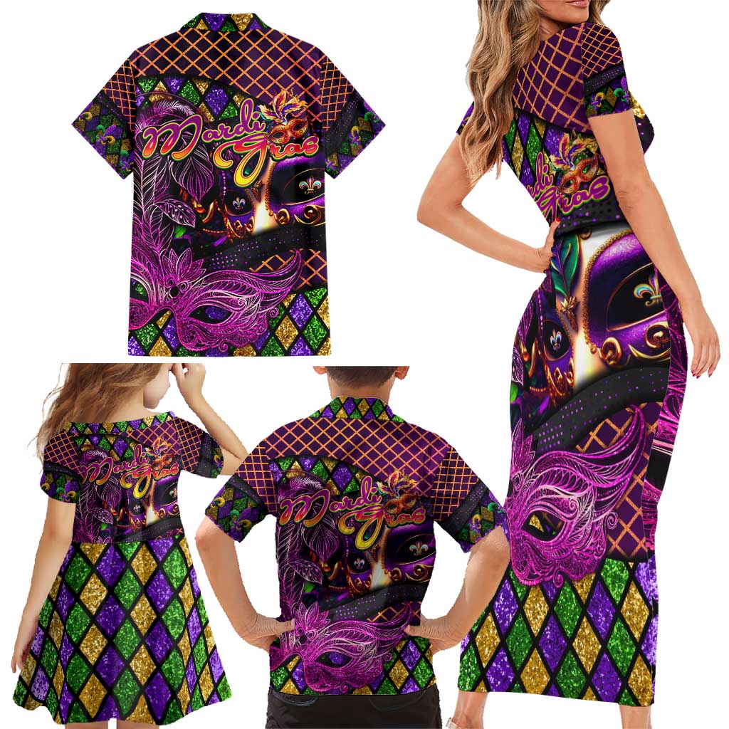 Happy Mardi Gras Family Matching Short Sleeve Bodycon Dress and Hawaiian Shirt Mask Feather Colorfull - Wonder Print Shop