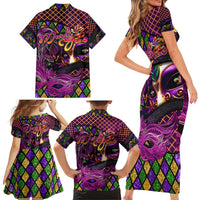 Happy Mardi Gras Family Matching Short Sleeve Bodycon Dress and Hawaiian Shirt Mask Feather Colorfull - Wonder Print Shop