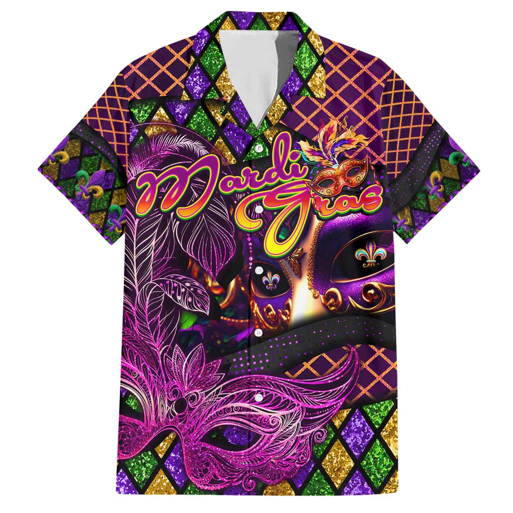 Happy Mardi Gras Family Matching Short Sleeve Bodycon Dress and Hawaiian Shirt Mask Feather Colorfull - Wonder Print Shop