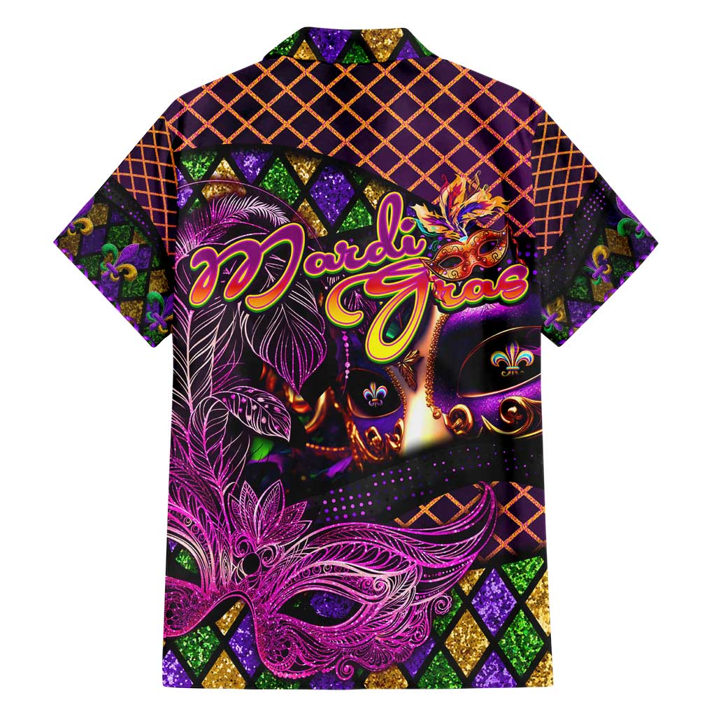 Happy Mardi Gras Family Matching Short Sleeve Bodycon Dress and Hawaiian Shirt Mask Feather Colorfull - Wonder Print Shop