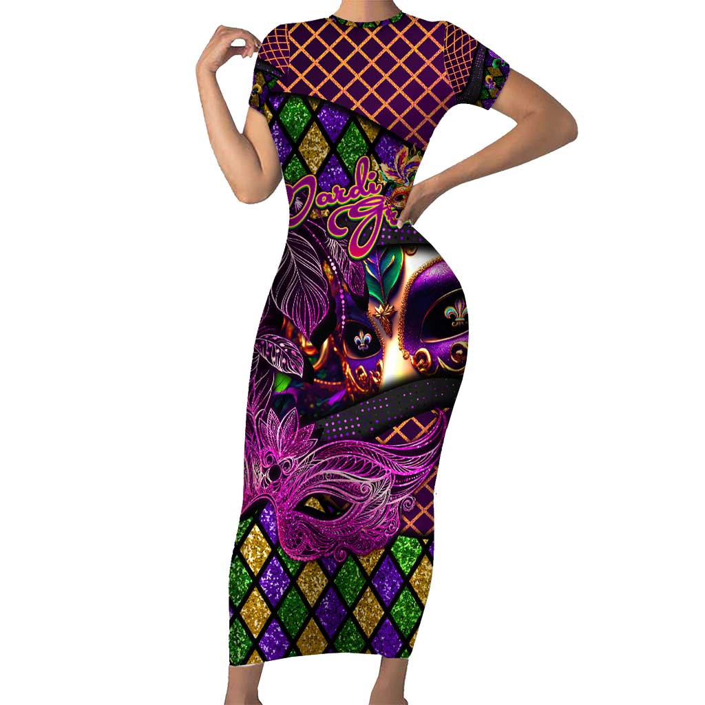 Happy Mardi Gras Family Matching Short Sleeve Bodycon Dress and Hawaiian Shirt Mask Feather Colorfull - Wonder Print Shop