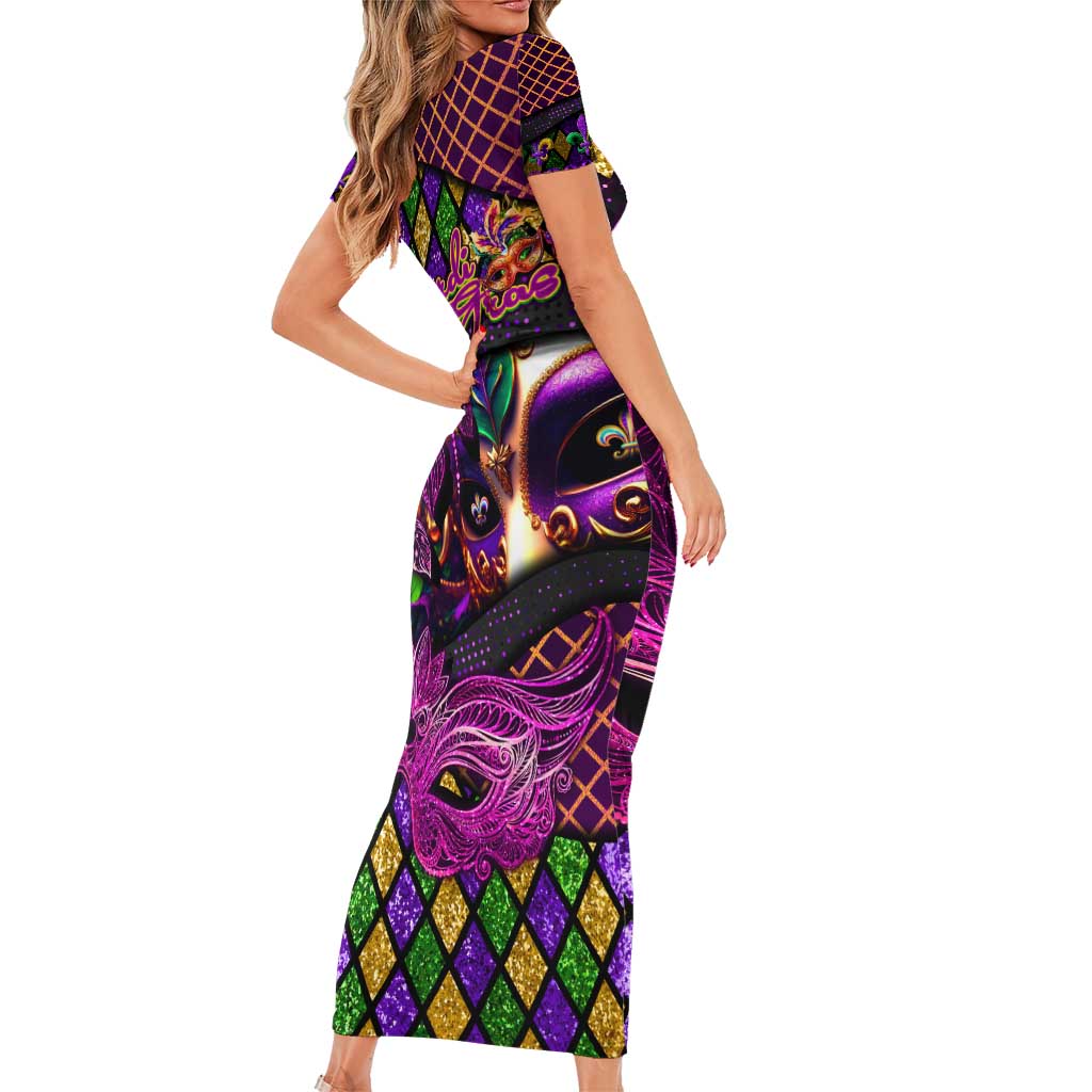 Happy Mardi Gras Family Matching Short Sleeve Bodycon Dress and Hawaiian Shirt Mask Feather Colorfull - Wonder Print Shop