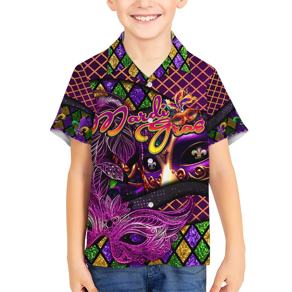 Happy Mardi Gras Family Matching Short Sleeve Bodycon Dress and Hawaiian Shirt Mask Feather Colorfull - Wonder Print Shop