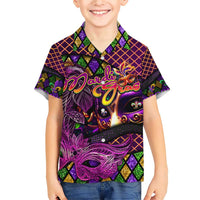 Happy Mardi Gras Family Matching Short Sleeve Bodycon Dress and Hawaiian Shirt Mask Feather Colorfull - Wonder Print Shop