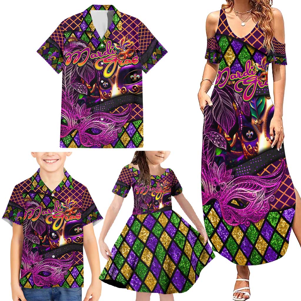 Happy Mardi Gras Family Matching Summer Maxi Dress and Hawaiian Shirt Mask Feather Colorfull - Wonder Print Shop