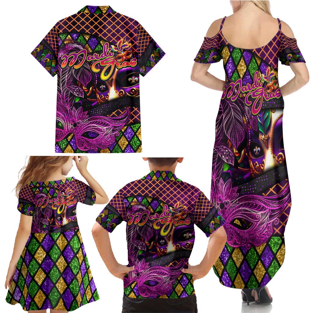 Happy Mardi Gras Family Matching Summer Maxi Dress and Hawaiian Shirt Mask Feather Colorfull - Wonder Print Shop