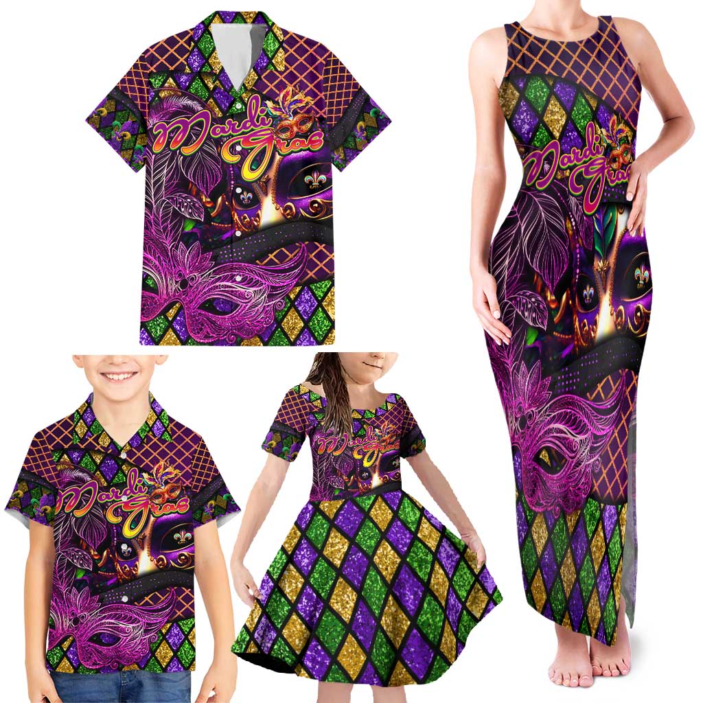 Happy Mardi Gras Family Matching Tank Maxi Dress and Hawaiian Shirt Mask Feather Colorfull - Wonder Print Shop