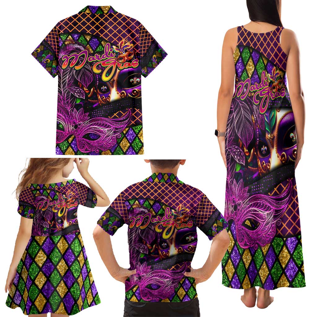 Happy Mardi Gras Family Matching Tank Maxi Dress and Hawaiian Shirt Mask Feather Colorfull - Wonder Print Shop