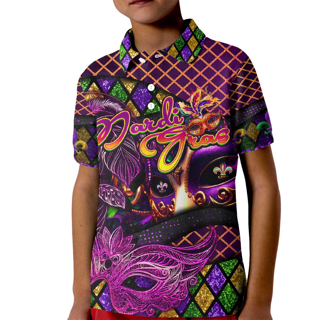 Happy Mardi Gras Kid Polo Shirt Mask Feather Colorfull - Wonder Print Shop