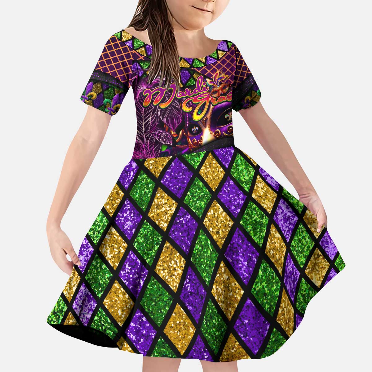 Happy Mardi Gras Kid Short Sleeve Dress Mask Feather Colorfull - Wonder Print Shop