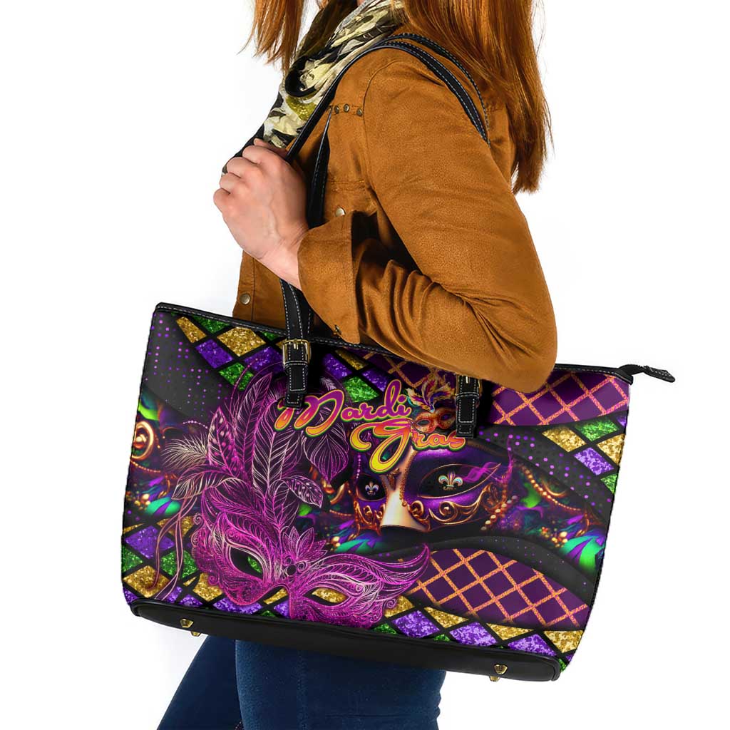 Happy Mardi Gras Leather Tote Bag Mask Feather Colorfull