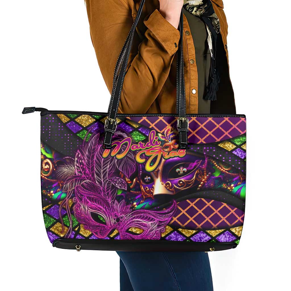Happy Mardi Gras Leather Tote Bag Mask Feather Colorfull