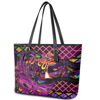 Happy Mardi Gras Leather Tote Bag Mask Feather Colorfull