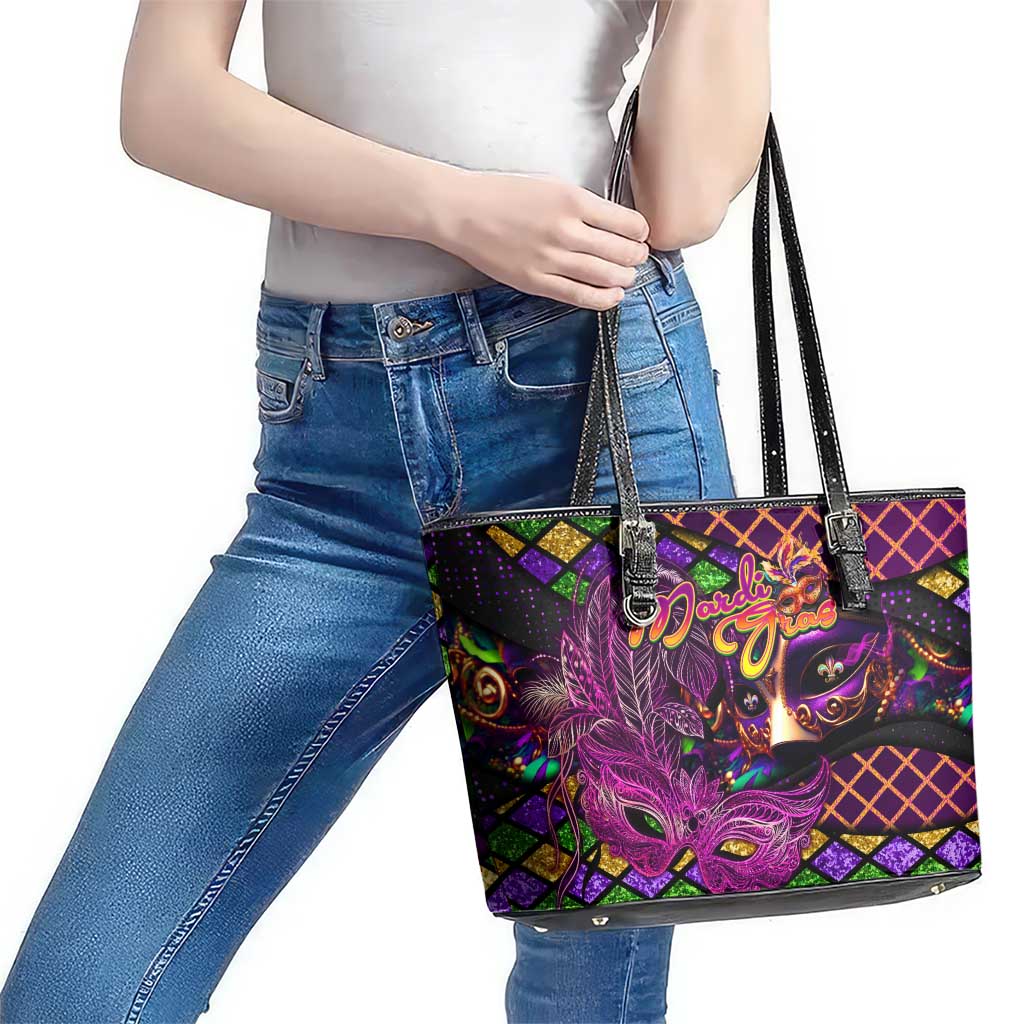 Happy Mardi Gras Leather Tote Bag Mask Feather Colorfull