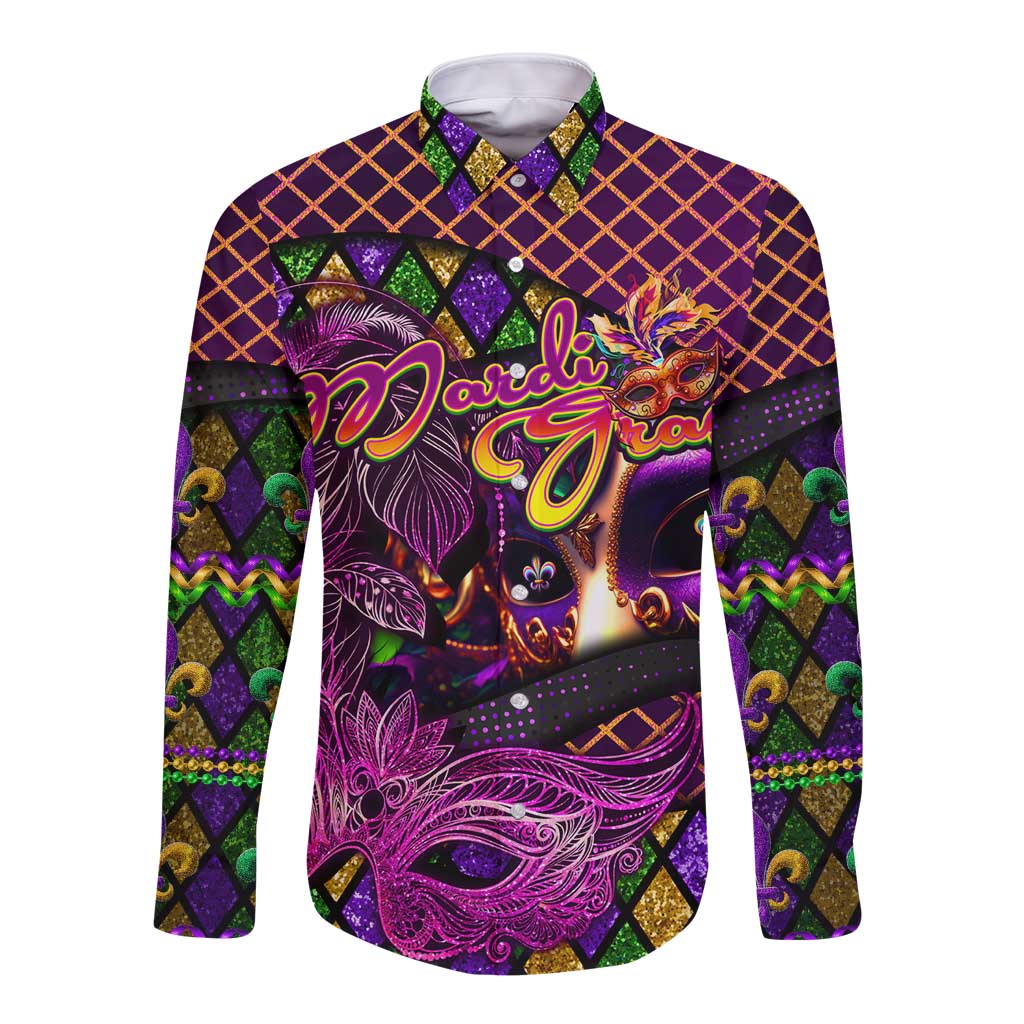 Happy Mardi Gras Long Sleeve Button Shirt Mask Feather Colorfull