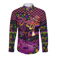 Happy Mardi Gras Long Sleeve Button Shirt Mask Feather Colorfull