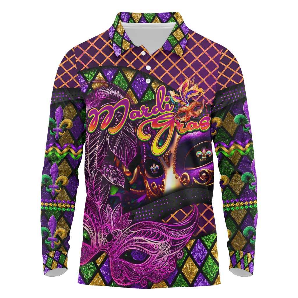 Happy Mardi Gras Long Sleeve Polo Shirt Mask Feather Colorfull - Wonder Print Shop