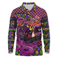 Happy Mardi Gras Long Sleeve Polo Shirt Mask Feather Colorfull - Wonder Print Shop