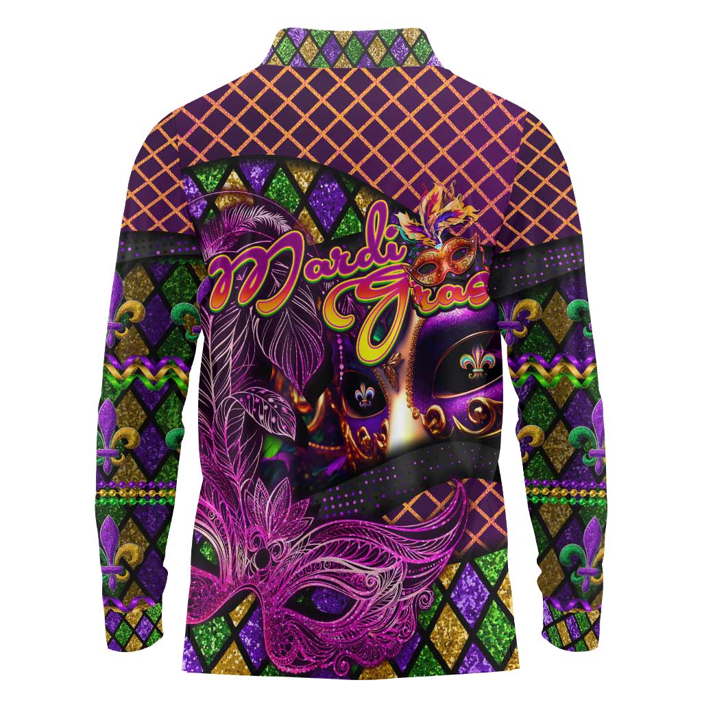 Happy Mardi Gras Long Sleeve Polo Shirt Mask Feather Colorfull - Wonder Print Shop