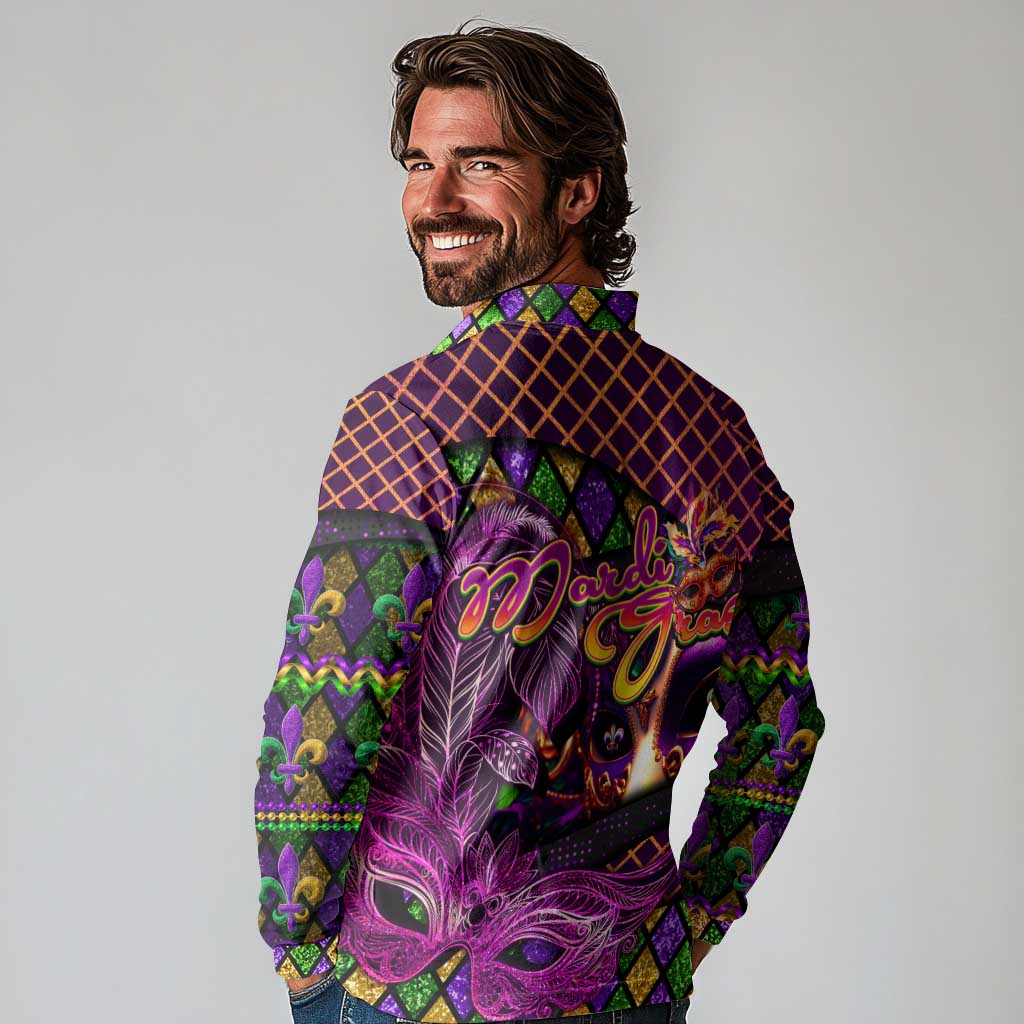 Happy Mardi Gras Long Sleeve Polo Shirt Mask Feather Colorfull - Wonder Print Shop